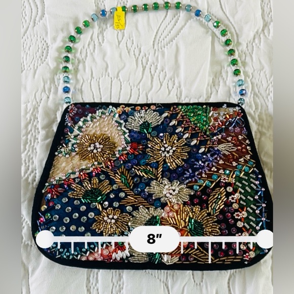 Handmade Beaded Black and Multicolor Flower Design Evening Handbag Clutch Purse - Picture 4 of 5